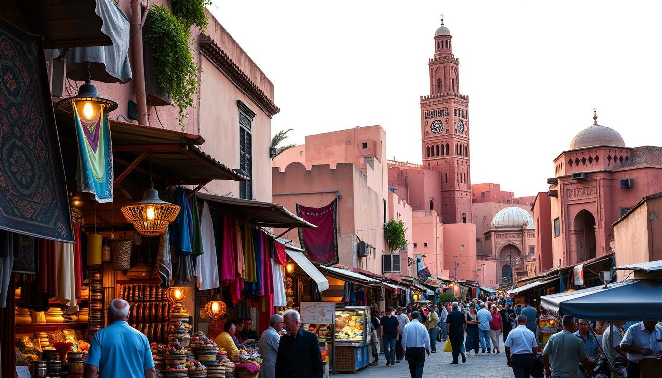 Colorful spices and stalls in a Marrakech souk